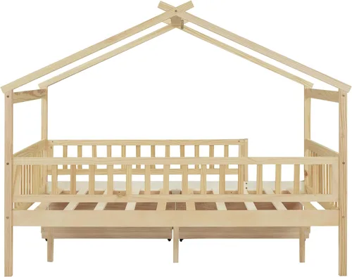 Vista 227 de Merax Cama de madera de tamaño individual con dos cajones, marco de cama de madera con techo para niños, adolescentes, niños o niñas, gris