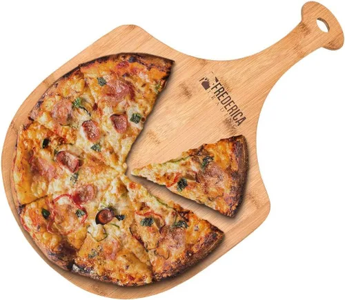 Vista 2 de Paleta de bambú para pizza Paleta de madera para hornear, pan, frutas y verduras Tabla de cortar ligera con asa para el hogar y el horno