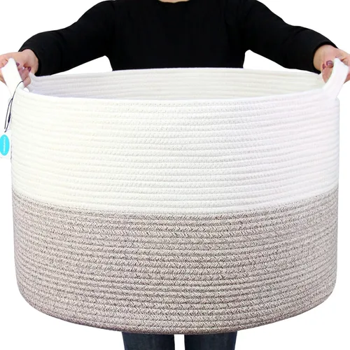 Vista 17 de Casaphoria Cesta de cuerda de algodón XXXL para sala de estar, cesta de almacenamiento tejida con asa para mantas, toallas y almohadas, cesta