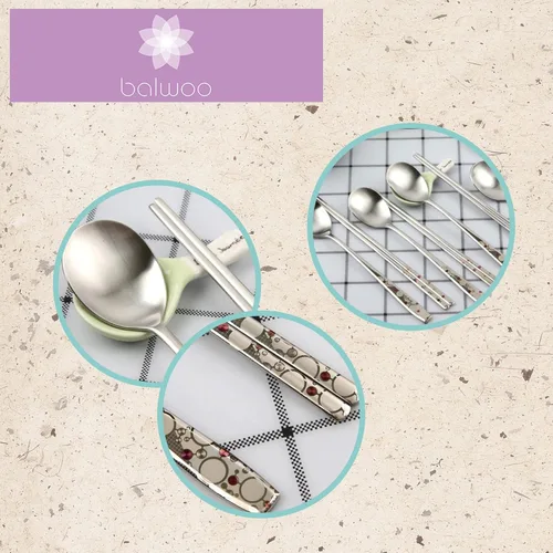 Vista 4 de [5 Sets] [Hecho en Corea] Juego de palillos pegajosos de cuchara de arroz estilo coreano 430 cucharas de sopa de acero inoxidable para ramen