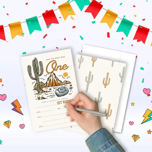 Vista 3 de Juego de 20 invitaciones para fiesta de cumpleaños de vaquero con sobres, West Wild Country de doble cara impresas, tarjetas de invitación