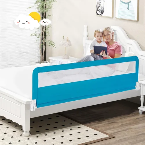 Vista 9 de BABY JOY Barandillas para cama de niños, 180 cm extra largas, protector de cama abatible mejorado con correa de seguridad, barandilla plegable