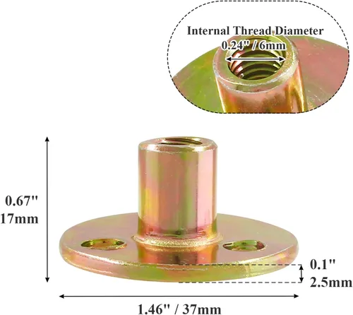 Vista 5 de 12 piezas Tuerca en T de base redonda, 1/4"-20 de acero al carbono con placa de hierro, tuerca de rosca hembra para muebles, accesorios