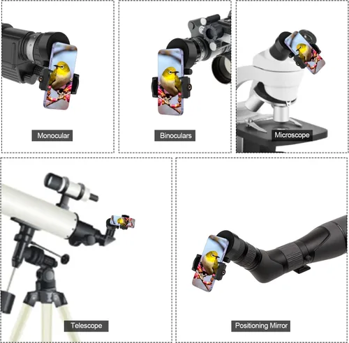 Vista 6 de PEUTIER Soporte universal para telescopio para smartphone, soporte para telescopio a través de binoculares, monoculares, telescopios de observación