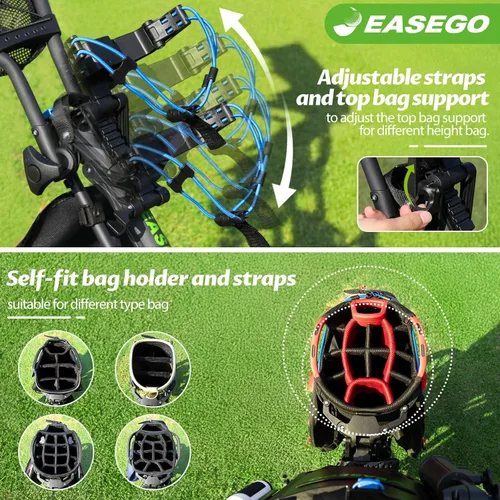 Vista 8 de EASEGO Carrito de golf con 3 ruedas: carrito plegable para bolsa de golf con soporte para teléfono/taza/paraguas, carritos de golf compactos