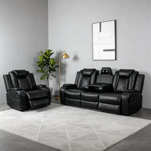 Vista 12 de Juego de sillón reclinable eléctrico + sofá biplaza + sofá, juego de sofá reclinable eléctrico con iluminación LED, cuero transpirable, cubos
