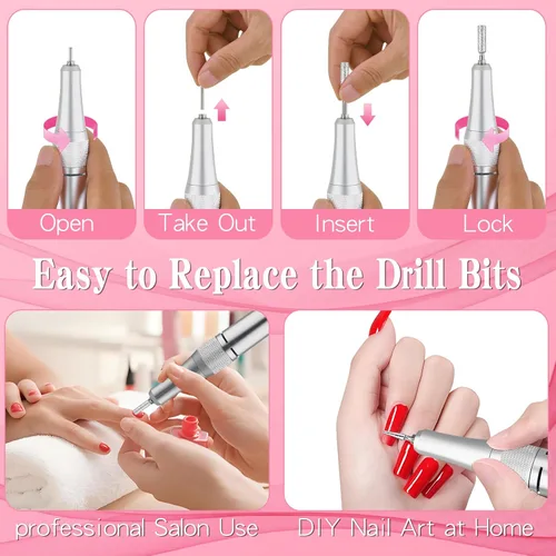 Vista 2 de Taladro de uñas eléctrico profesional, 45,000 rpm, kit de uñas acrílicas con 6 brocas de uñas, kits de uñas inalámbricas de e-file para uñas