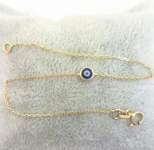 Vista 4 de Pulsera de oro amarillo sólido de 14 quilates para mujer Pulsera de protección nazar turca de la suerte buena suerte delicada azul marino
