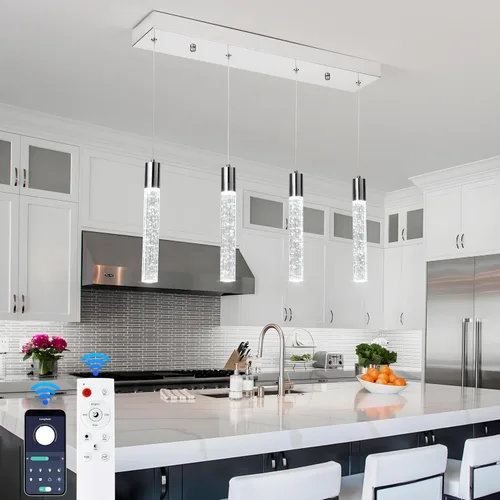 Vista 37 de Lámpara colgante de 3 luces LED para cocina, lámpara colgante de cilindro de burbujas de níquel cepillado con longitud ajustable para cocina, isla