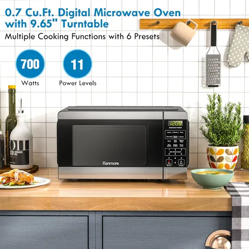 Vista 2 de Kenmore Microondas de encimera, 6 menús preestablecidos automáticamente, bloqueo para niños, funciones de descongelación y cocción exprés, 700 Acero