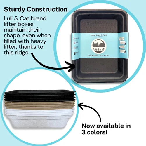 Vista 4 de Luli & Cat Cajas de arena desechables para gatos Paquete de 4 unidades de color negro de gran tamaño Duraderas y resistentes al agua