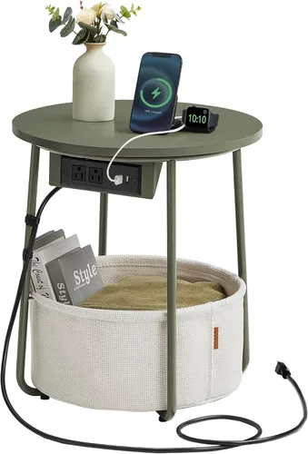Vista 16 de VASAGLE Colección LILEA - Mesa auxiliar con estación de carga, mesa auxiliar redonda con cesta de tela, mesita de noche con puertos USB, para sala