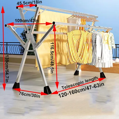 Vista 2 de Foldable Clothes Drying Rack, 5-Rod Adjustable Stainless Steel Laundry Drying Stand for Indoor Outdoor Use, Space-Saving Garment Rack, Portable