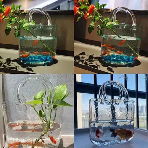 Vista 4 de Florero de mano, florero de vidrio soplado a mano, florero de vidrio, burbujas dentro del florero, para flores, decoración del hogar, oficina