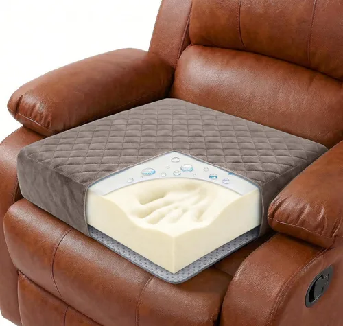 Vista 11 de Medium-Soft 20x20x3 Memory Foam Recliner Chair Seat Cushion for Long Sitting - Armchair Pad with Washable Velvety Cover with Waterproof Layer & Beige