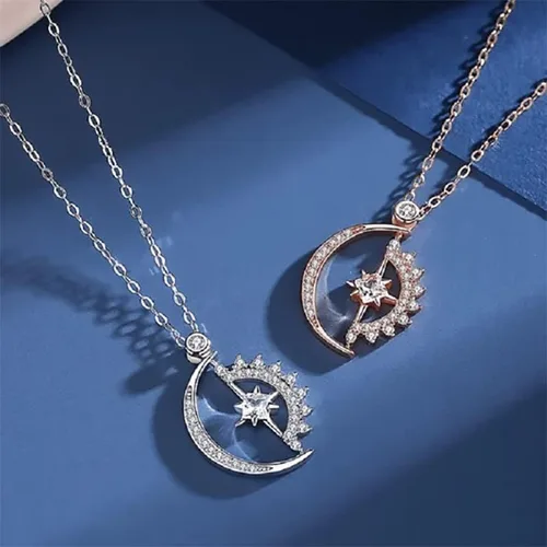 Vista 3 de Collar de plata de ley 925 con texto en inglés "We always have each other's back", collar de luna y sol, collar de amistad para mi mejor amigo