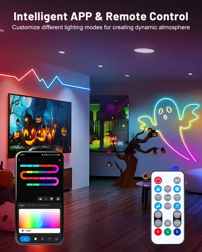 Vista 5 de Luces de cuerda de neón, tira de luces LED RGB+IC inteligente de 5 m con aplicación y control remoto, luces de cuerda de neón flexibles impermeables