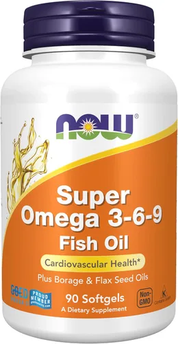 NOW Suplementos, Super Omega 3-6-9 1200 mg con una mezcla de aceites de pescado, borraja y semillas de lino, 90 cápsulas blandas