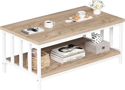 Vista 9 de Mesa de centro para sala de estar con marco de listones laterales, moderna mesa de sala de estar de granja con estante de almacenamiento de 2