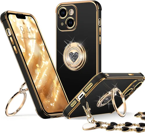 Vista 40 de XYZ Funda para iPhone 12 con Soporte, Funda para Teléfono con Soporte de Doble Anillo, Funda Protectora de Lujo Brillante para Mujeres y Niñas