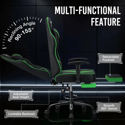 Vista 4 de HOFFREE Massage Gaming Chair for Adults 155° Reclining Computer Gamer Chair with Footrest and Adjustable Armrests Ergonomic Video Game Chairs Green