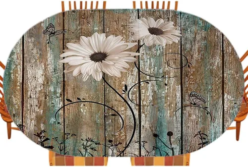 Vista 7 de Mantel ajustable elástico ovalado rústico de granja, flores de girasol en la madera de un granero rural, para decoración de mesa de cocina, comedor