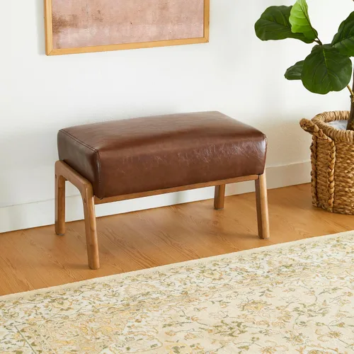 Vista 7 de Glitzhome Juego de 2 bancos otomanos rectangulares, moderno reposapiés de cuero sintético café con patas de madera de caucho de nogal para sala