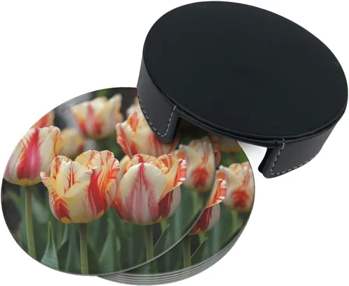 Vista 9 de 6Pcs Drink Coasters Round Leather Coaster with Holder Flowers Coasters for Drinks Coffee Cup Mat Heat Resistant Coaster for Tabletop Protection Desk