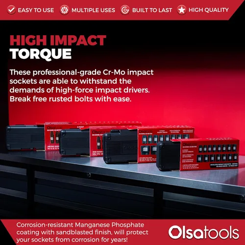 Vista 2 de Olsa Tools Juego de llaves de vaso de impacto profundo de 1/2 pulgada – Kit SAE de 14 piezas (3/8 – 1-1/4 pulgadas) – Acero Cr-Mo – Diseño cromado