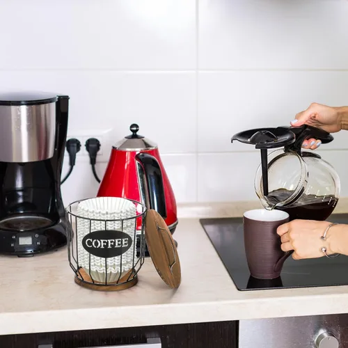 Vista 7 de yarlung Soporte para cápsulas de café con tapa, soporte para tazas K de gran capacidad con base de madera rústica, cesta de almacenamiento de café