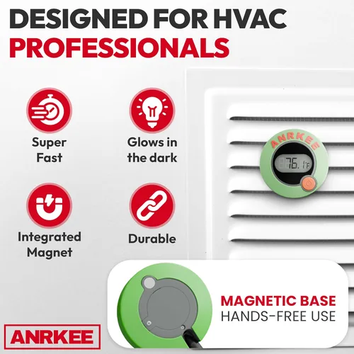 Vista 3 de Termómetro digital de prueba de temperatura HVAC que brilla en la oscuridad con pantalla LCD y soporte magnético, pantalla Fahrenheit y Celsius