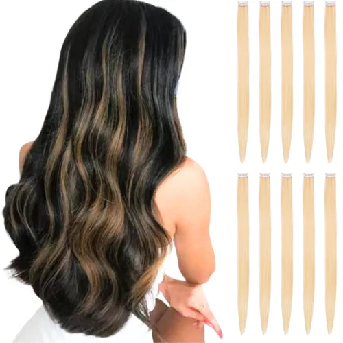 Vista 9 de Extensiones de cabello de colores con clip, rosa claro, 10 piezas de 22 pulgadas, para mujeres, sintéticos