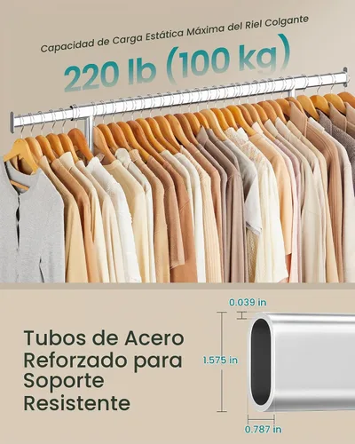 Vista 4 de SONGMICS Perchero con ruedas, perchero resistente para colgar ropa, portátil, 17.7 x (36.2-52) x 63.6 pulgadas, con riel extensible, capacidad