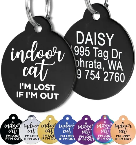 GoTags Etiqueta de identificación personalizada para gatos de interior, grabada con 4 líneas de identificación personalizada, placa de