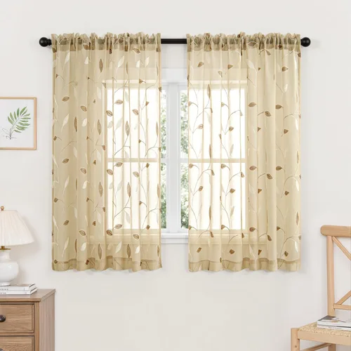 Vista 14 de MIULEE Cortinas traslúcidas beige 2 paneles bordados con estampado de hojas, bolsillo para barra, floral, semitransparentes, de lino sintético
