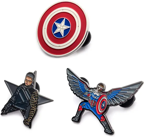 Vista 3 de Marvel Studios The Falcon and The Winter Soldier - Juego de 3 pines de solapa a base de metal y esmalte con caja circular de 63in con licencia