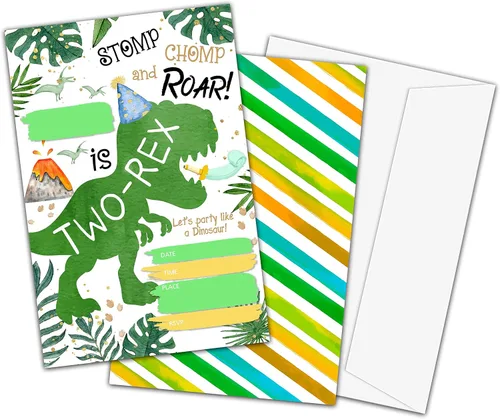 Vista 6 de Invitaciones de primer cumpleaños, tarjetas de invitación de fiesta de dinosaurios para niños y niñas, 20 invitaciones de relleno de doble cara