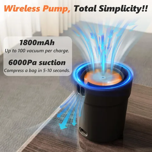 Vista 2 de SUOCO Bomba de vacío de viaje para bolsas de almacenamiento al vacío, mini bomba eléctrica inalámbrica recargable por USB para sellado