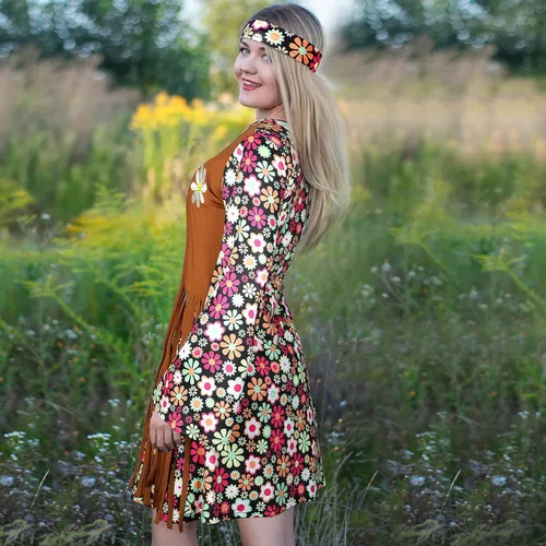 Vista 7 de SATINIOR Conjunto de disfraz hippie para mujer diseño de signo de paz collar diadema vestido calcetines de tobillo