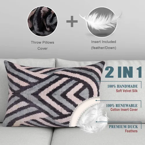 Vista 5 de Almohada decorativa hecha a mano con relleno de plumón, azul verdoso, gris y negro, funda de cojín de seda de terciopelo suave para sala de estar