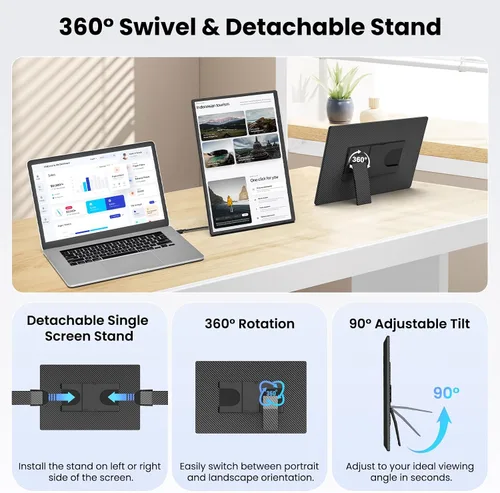 Vista 4 de Monitor portátil de 16.1 pulgadas para laptop, 1200P FHD, extensor de pantalla ultrafino horizontal vertical con soporte desmontable giratorio