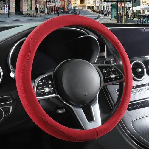 Vista 13 de Funda para volante en forma de D de gamuza negra de 14 pulgadas, transpirable, antideslizante, a prueba de sudor, resistente al desgaste, sin