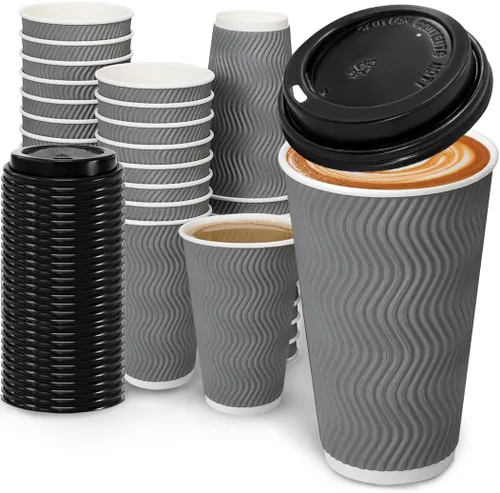 Vista 9 de BYSNOW Tazas de café de 10 onzas con tapas, paquete de 100 tazas de café desechables aisladas, vasos de papel ondulado para agua, jugo, café