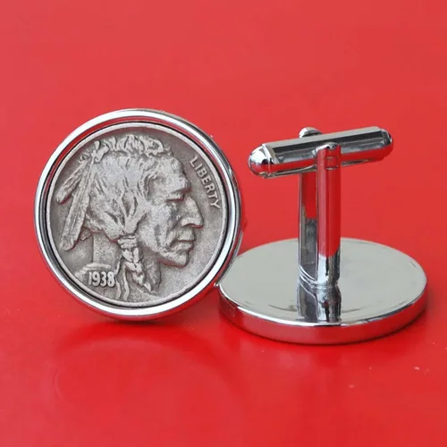Vista 3 de US 1938 Indian Head Buffalo Nickel Coin Silver Plated Cufflinks NEW
