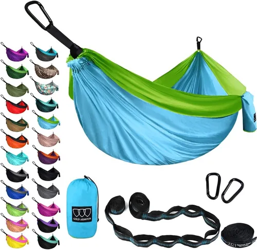 Vista 17 de Gold Armour Hamaca de camping – Hamaca doble XL, hamaca portátil, accesorios de camping, equipo para exteriores e interiores con correas de árbol