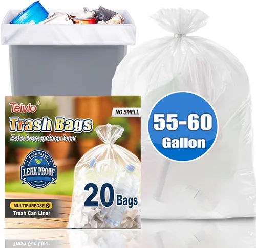 Teivio - Bolsas de basura grandes transparentes de 55 a 60 galones, 20 unidades, bolsas de basura de más de 50 galones