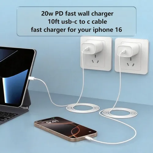 Vista 2 de Cargador USB-C de carga rápida 9.8 ft 20W para Apple iPhone 17/16/15/iPad A16 11ª/10ª generación/iPad Pro 13/11/12.9/Air/Mini 6/7, blanco, paquete