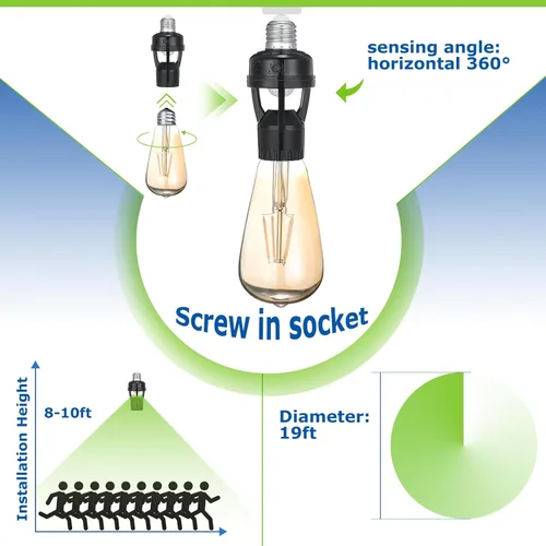 Vista 4 de Hortsun 3 tomas de luz con sensor de movimiento, enchufe inteligente de rosca compatible con E26/E27 con control de luz nocturna de encendido