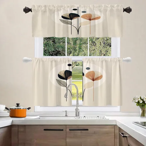 Vista 2 de Shrahala Floral Abstract Design Tier Curtains for Kitchen Windows, Minimalist Flower Illustration Window Curtain Panels Multilayer Polyester