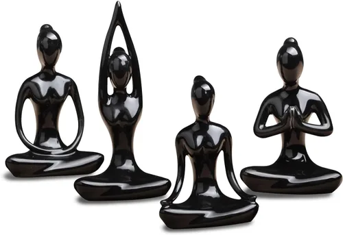 OwMell Lote de 4 Figuras de Cerámica para Meditación y Yoga, Pose de Yoga, Figura Decorativa de Conjunto - Negro